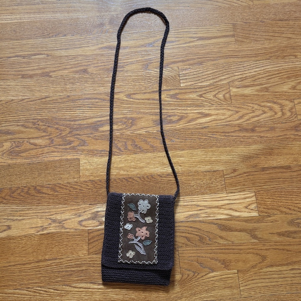 Boho Crochet Crossbody Bag Floral Print Zip Top Inside Pocket Brown Tan